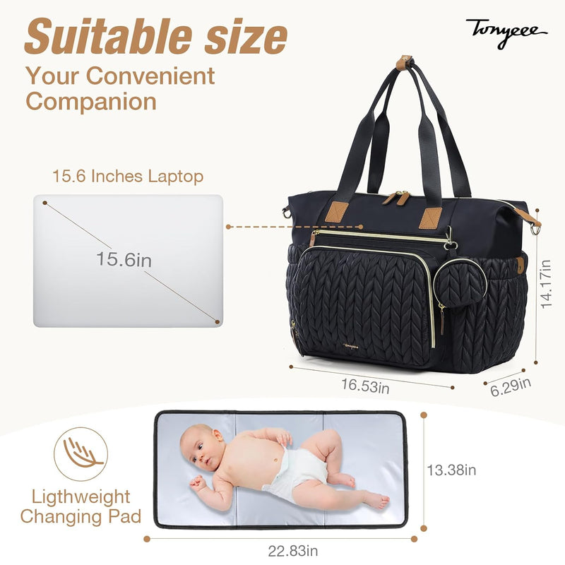 Diaper Bag Tote, Large Baby Hospital Bag for Labor Delivery Mom | Travel Diaper Tote with Changing Pad, Pacifier Case, Insulated Pockets, Luggage Sleeve, Shoulder Strap, Quilted Black