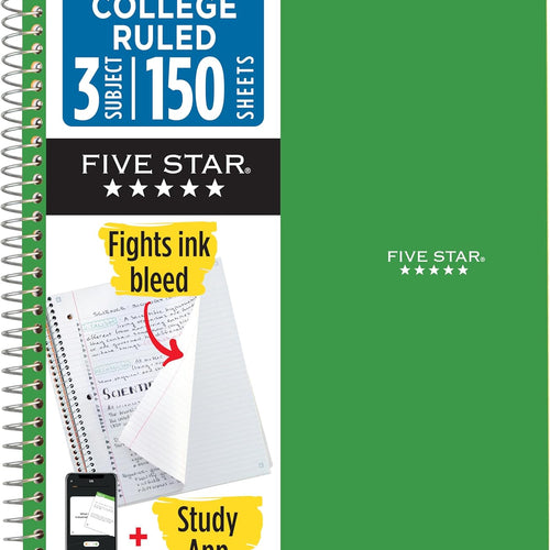 Five Star Spiral Notebook + Study App, 3 Subject, College Ruled Paper, Fights Ink Bleed, Water Resistant Cover, 8-1/2" x 11", 150 Sheets, Green (72067)