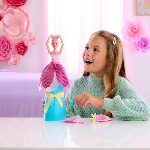 Barbie Petal Pop Scented Doll with Pink Tulip Dress & Accessories, Bouquet Reveal with Pet Bunny & Surprises Like Watering Can, Necklace & Earrings​​​