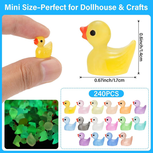 240Pcs Mini Resin Ducks, Tiny Duck Figurines Bulk, Mini Ducks for Miniature Characters Fairy Micro Landscape Aquarium Dollhouse and DIY Decorative Accessories(Luminous Tiny Duck 16 Color-multicolored)