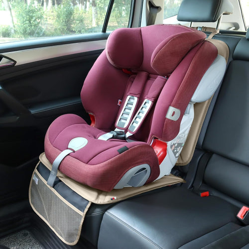 Viaviat Car Seat Protector Leather Waterproof Child Safety Seat Protector Cover with Thick Pad and 2 Large Pockets Durable Kick Mat for All Auto Seat (Beige)