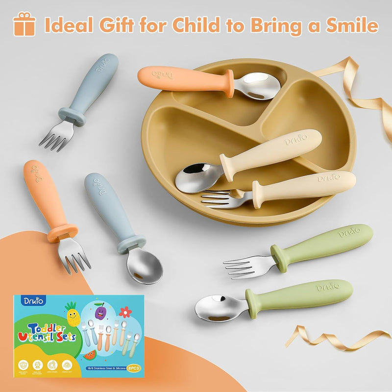 8 Pcs Toddler Utensils Set Kids Silverware with Forks and Spoons | Baby Utensils with Silicone Handle, Anti-Choke Design for Children's Safe Self-Feeding, Food Grade Dishwasher Safe, BPA-Free