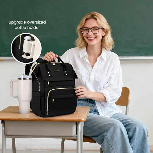 LOVEVOOK Laptop Backpack for Women with Giant Tumbler Holder Pocket,15.6 inch Waterproof Travel Backpack Purse Computer Laptop Bag,Professional Work College Nurse Teacher Backpack Casual Daypack,Black