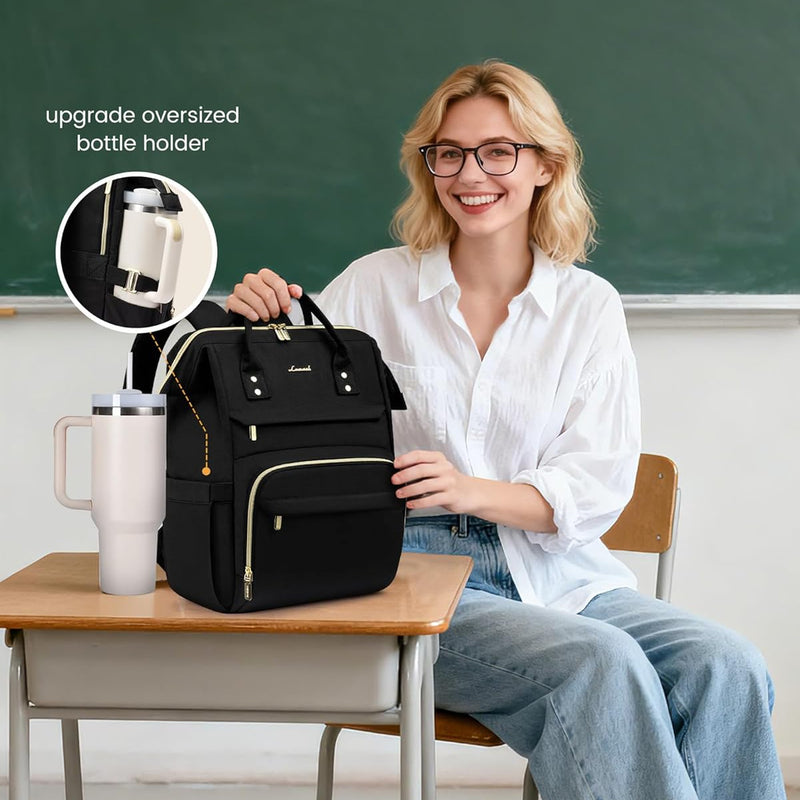 LOVEVOOK Laptop Backpack for Women with Giant Tumbler Holder Pocket,15.6 inch Waterproof Travel Backpack Purse Computer Laptop Bag,Professional Work College Nurse Teacher Backpack Casual Daypack,Black