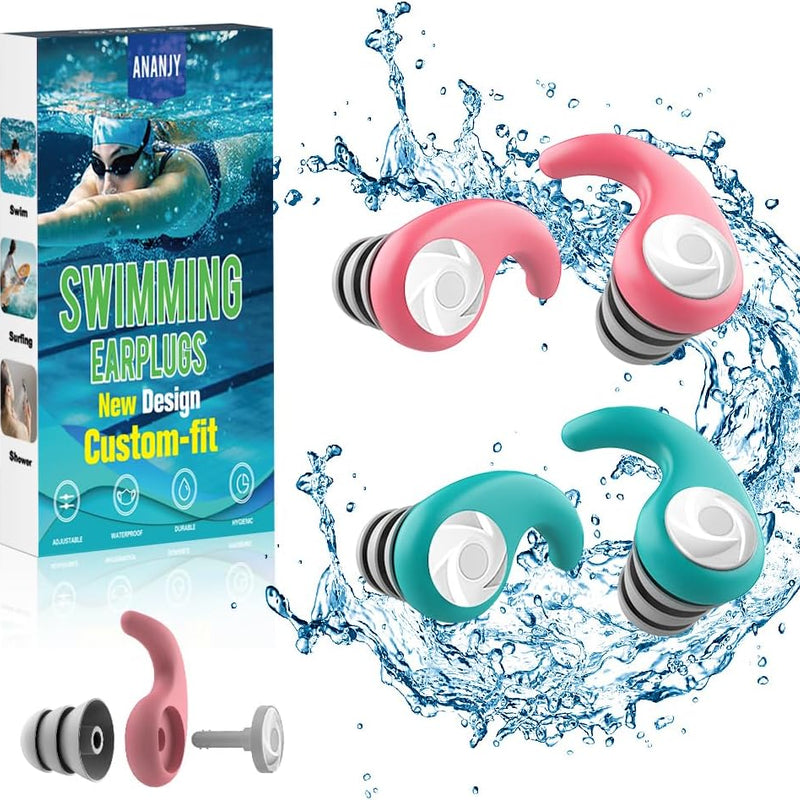 Waterproof Swimming Ear Plugs for Adults Kids, 3 Pairs Reusable Silicone | Reusable swim earplugs for pools, surfing, diving, showering and water sports, Keep Water Out and Ear Protection