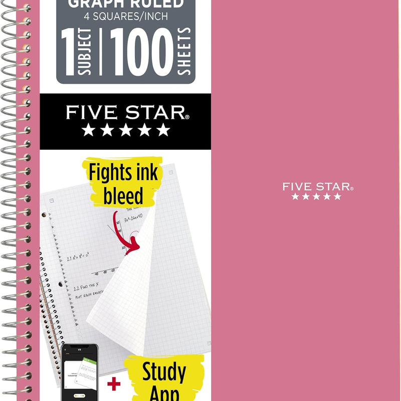 Five Star Spiral Notebook + Study App, 1 Subject, Graph Ruled Paper, 8-1/2" x 11", 100 Sheets, Fights Ink Bleed, Water Resistant Cover, Tidewater Blue (06190AA4)