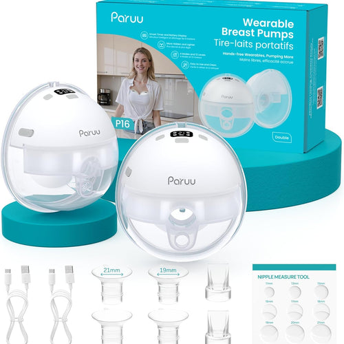 Paruu Hands Free Breast Pump P16, Wearable Breast Pump Electric Portable with 4 Modes & 12 Levels, Max 309mmHg Strong Suction 19/21/24mm Flange Inserts Wearable Breastfeeding Pump, 2 Pack White