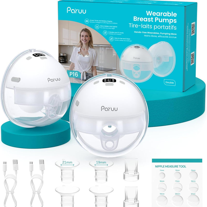 Paruu Hands Free Breast Pump P16, Wearable Breast Pump Electric Portable with 4 Modes & 12 Levels, Max 309mmHg Strong Suction 19/21/24mm Flange Inserts Wearable Breastfeeding Pump, 2 Pack White