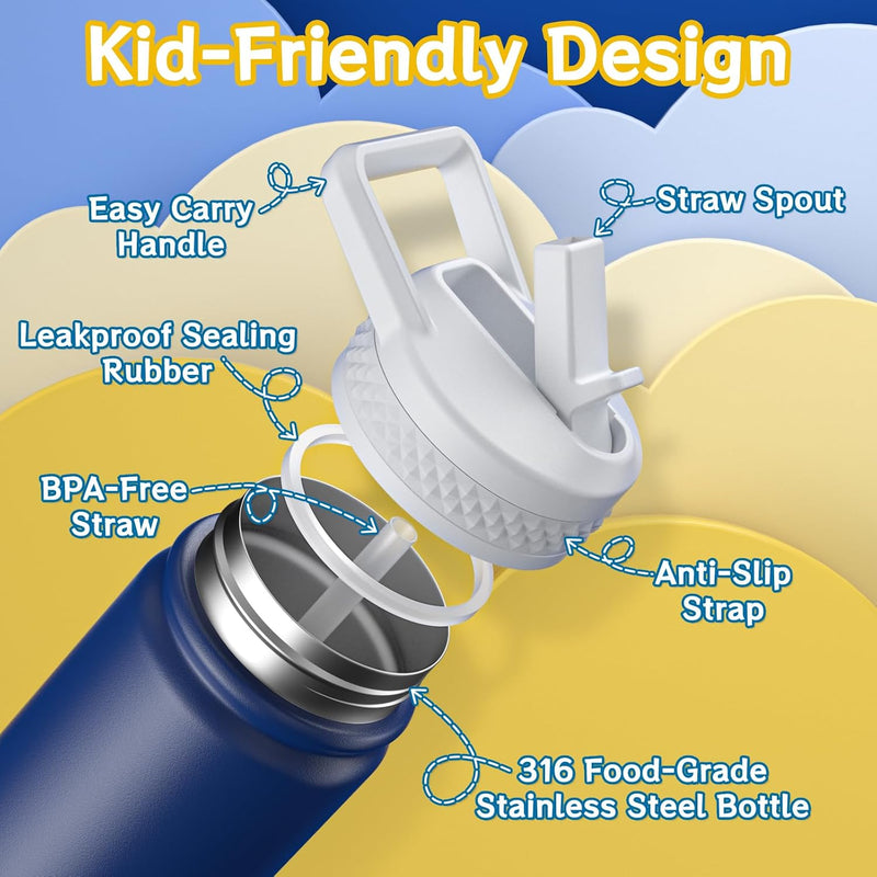 baab 18oz Kids Insulated Water Bottle 18/8 Stainless Steel Straw Cup 2 Pack | BPA-Free, DIY Stickers, Leakproof & Spillproof, Easy to Clean & Carry, Gift for Boy Girl Youth, for School Sport Travel