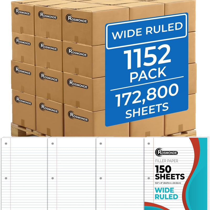Rosmonde Loose Leaf Paper, 900 Sheets, 6 Pack, Wide Ruled, 8" x 10.5", Bulk Office Filler Sheets, 3 Hole Punched, 150 Sheets/Pack, Wide Ruled for 3 Ring Binder, Filler Notebook Paper, White