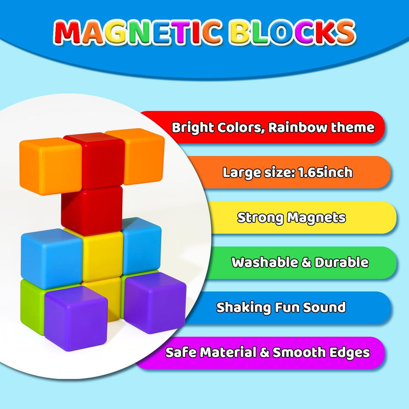 Large Magnetic Building Blocks for Toddlers, 1.65 inch Cubes in Rainbow Theme, 12 PCS, 1-3 Years Old