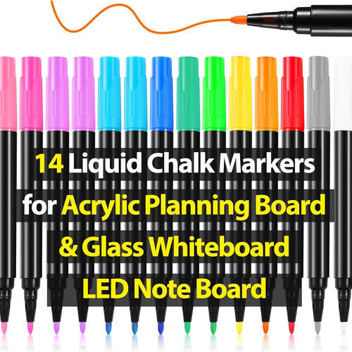 Liquid Chalk Markers for LED Drawing Note Board Acrylic Calendar Planning Board Clear Glass Dry Erase Whiteboard Window Mirror Christmas Holidays Painting, 14 Pack, 12 Vibrant Colors, 1mm Fine Points