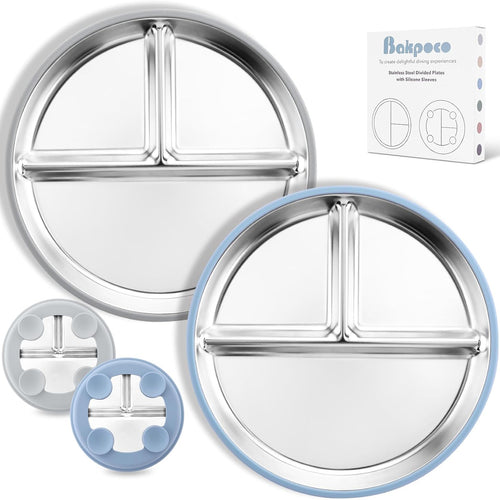 Bakpoco Stainless Steel Toddler Plate with Suction, 9” Divided Plates with Removable Silicone Sleeves for Kids, Non Toxic & BPA Free | Non Slip | Unbreakable Baby Snack Dishes Set of 2, Blue & Gray