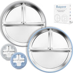 Bakpoco Stainless Steel Toddler Plate with Suction, 9” Divided Plates with Removable Silicone Sleeves for Kids, Non Toxic & BPA Free | Non Slip | Unbreakable Baby Snack Dishes Set of 2, Blue & Gray