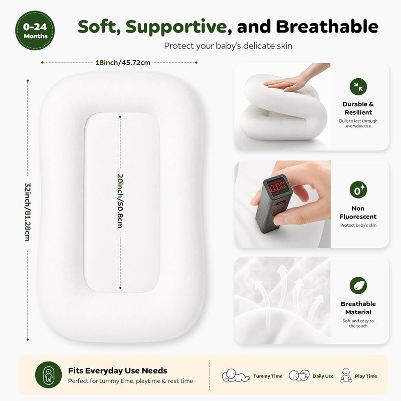 Baby Lounger for Newborns 0-24 Months - Baby Essentials | Soft Breathable Cotton Infant Support Cushion for Tummy Time & Play, Portable Infant Lounger - Cloud White (Cover Included)