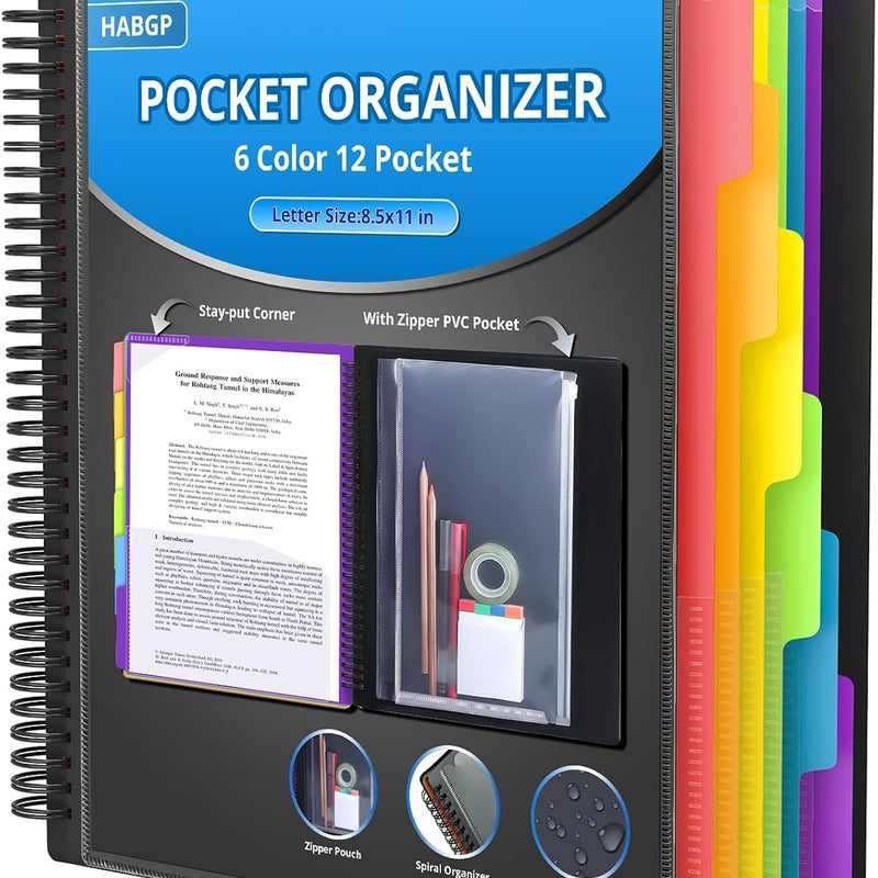 HABGP 12 Pocket Plastic folders with Pockets, 6 Colors Multi Pocket Folder Binder with Dividers, Office Organizer Folder Letter Size School Supplies