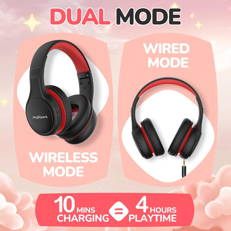 JoySpark Kids Bluetooth Headphones, 60 Hours Playtime, Bluetooth 5.4 Kids Headphones Wireless, Type-C Fast Charging, 85/94dB Volume Limited, Foldable Toddler Wireless Headsets with Mic-Black Red