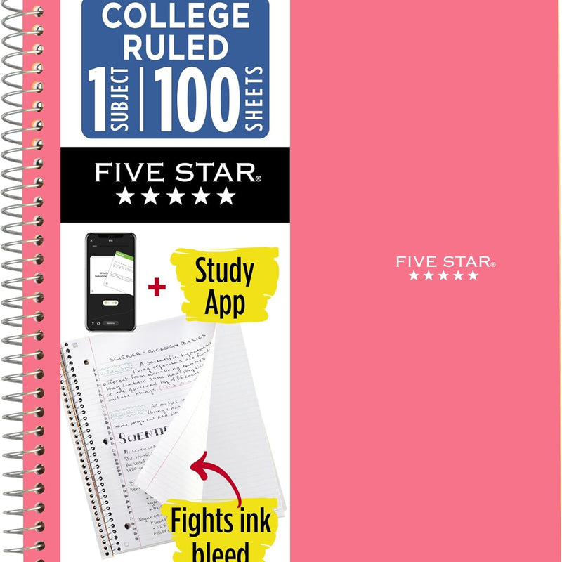 Five Star Spiral Notebook + Study App, 1 Subject, College Ruled Paper, 8-1/2" x 11", 100 Sheets, Fights Ink Bleed, Water Resistant Cover, Amethyst Purple (38744)