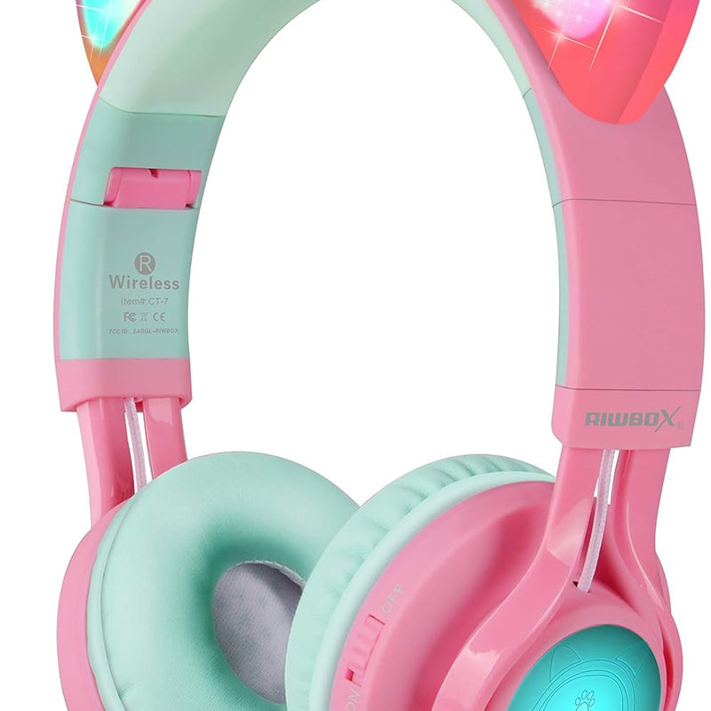 Riwbox CT-7 Cat Ear Kids Bluetooth Headphones, LED Light Up Bluetooth Wireless Over Ear Headphones with Microphone and Volume Control for Travel/School/Smartphones/Laptop/PC/TV (Pink&Green)