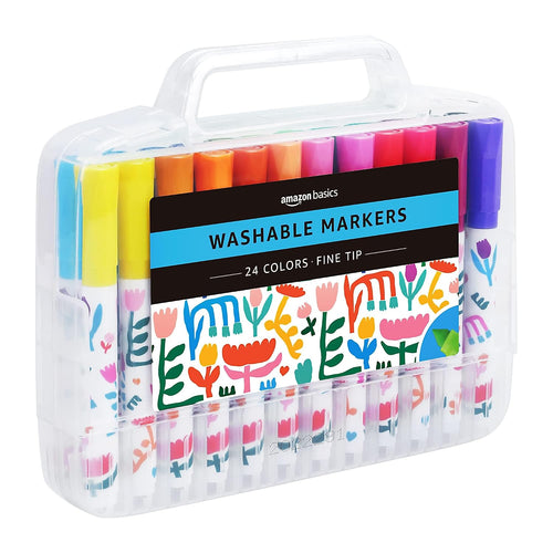 Amazon Basics Washable Markers for Kids, Fine Tip Assorted Colors, Non-Toxic Drawing and Coloring School Supplies Set, Pack of 24
