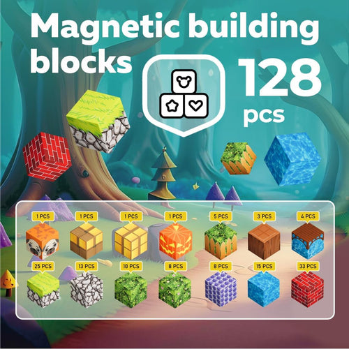 Magnetic Blocks Cubes 128PCS - STEM Cube Building Blocks & Magnet Tiles, Fidget, Montessori for Kids Ages 3-5 & 5-7 & 8-12, Magnetic Kit Cubes, Construction Magnet Toys Blocks Birthday Gifts