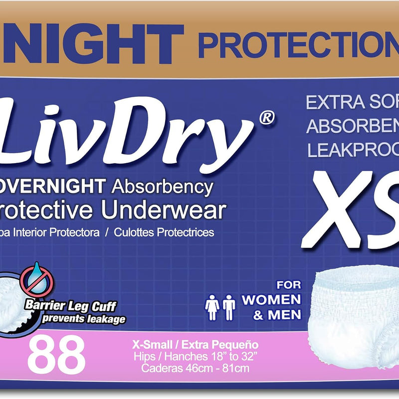 LivDry 2XL Overnight Adult Diapers for Women and Men, XXL Incontinence Underwear, 60”-80" Waist, Disposable Pull-On Briefs, XX-Large, 12 Pack