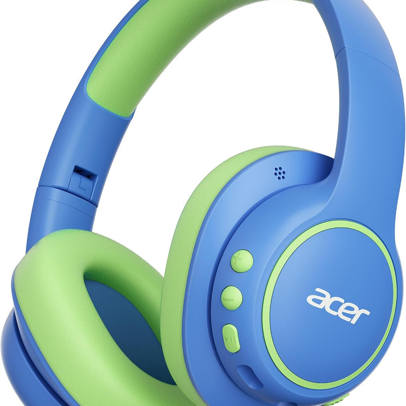 Acer OHR702 Kids Bluetooth Headphones for School with Built-in Mic,Over-Ear | 75H Playtime, Bluetooth 6.0, 3.5mm Jack Aux Cord, 85dBA Safe Volume, USB-C Fast Charging, for iPad/Travel/Tablet- Blue Green