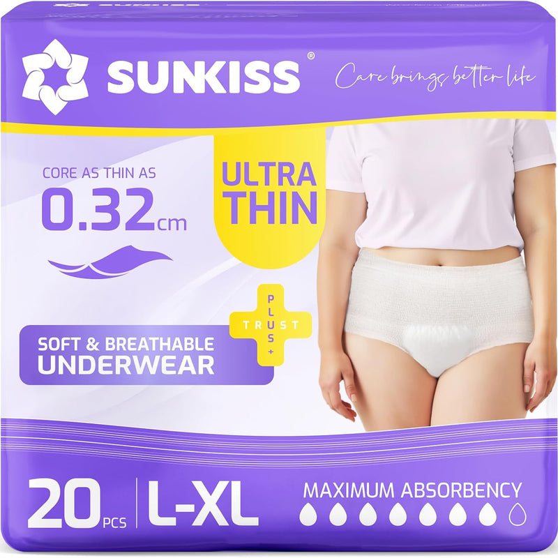 SUNKISS Ultra Thin Incontinence Underwear for Women, Unscented, L/XL, 20 Ct | High Absorbency & Super Soft Postpartum Leak Proof Diapers, Disposable Adult Pull Ups, Fast Dry, Breathable Layers