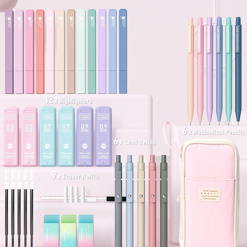 Four Candies 39 PCS Aesthetic Stationery Set with Cute Pen Case, College Supplies and Nursing Essentials, 12 Pastel Highlighters, 5 Black Gel Pens, 6 Mechanical Pencils, Pink