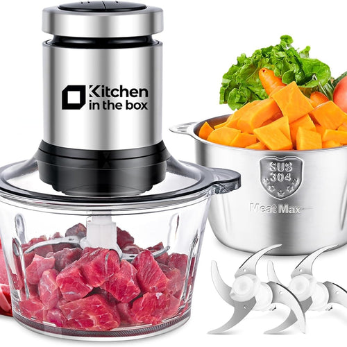Kitchen in the box Food Processors,Small Meat Grinder & Food Chopper Electric Vegetable Chopper with 2 Bowls (8 Cup+8 Cup)& 2 Bi-Level Blades for Meat/fish/Vegetable/Baby Food,Black