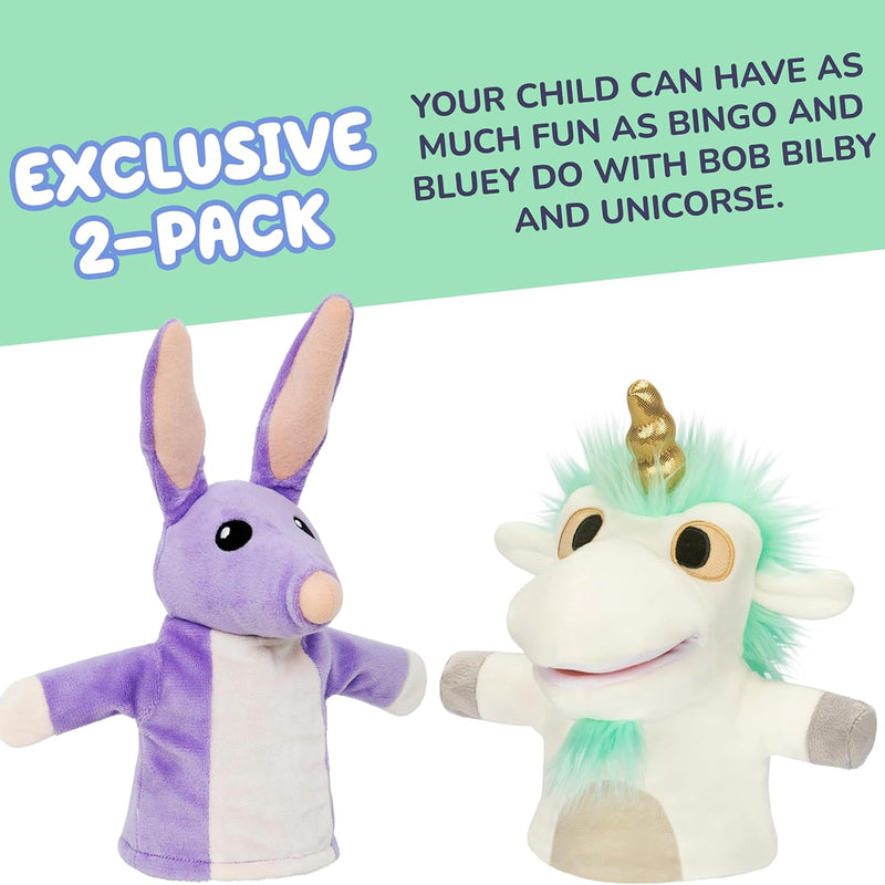 Official Bluey Unicorse & Bob Bilby Hand Puppet Plush 2-Pack | 8-9 Inch Deluxe Soft Fabric Toddler Toys with Embroidered Details for Imaginative Play & Storytime Fun.