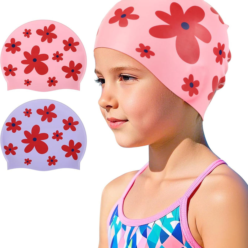 Kids Swim Cap 2 Pack,Silicone Swim Cap for Kids Ages 3-15 | Durable Waterproof Swimming Caps for Girls Boys Toddler,Comfortable Fit for Long Hair Short Hair,for Swimming Lessons Pool