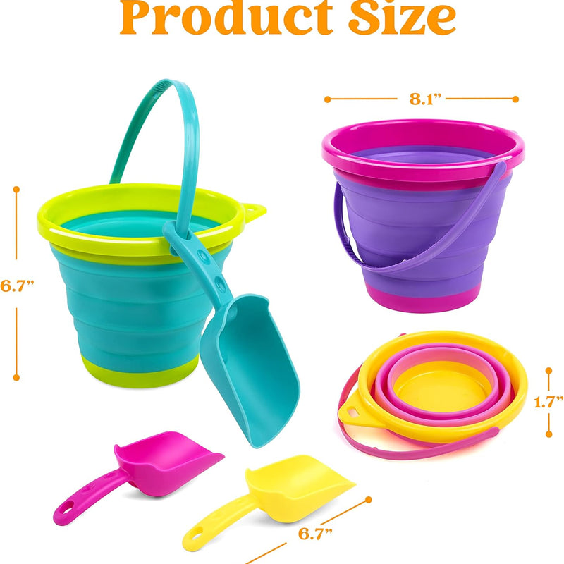 Foldable Beach Bucket Set - 3 Packs Collapsible Toy Buckets with Shovels and Mesh Backpack