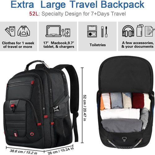 LifetimeWarranty Extra Large Travel Backpack With 52L Capacity, Long-Term Durability TSA Backpack,Anti-Theft 17.3" Big Business Laptop Backpack for Men&Women,Water Resistant College Rucksack Bag Black