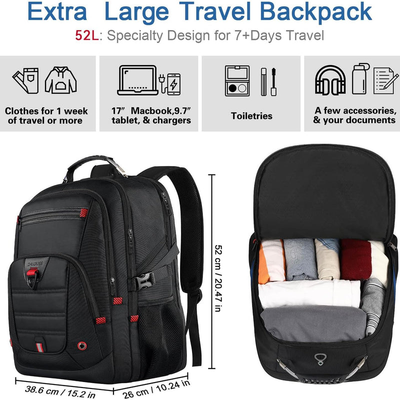 LifetimeWarranty Extra Large Travel Backpack With 52L Capacity, Long-Term Durability TSA Backpack,Anti-Theft 17.3" Big Business Laptop Backpack for Men&Women,Water Resistant College Rucksack Bag Black