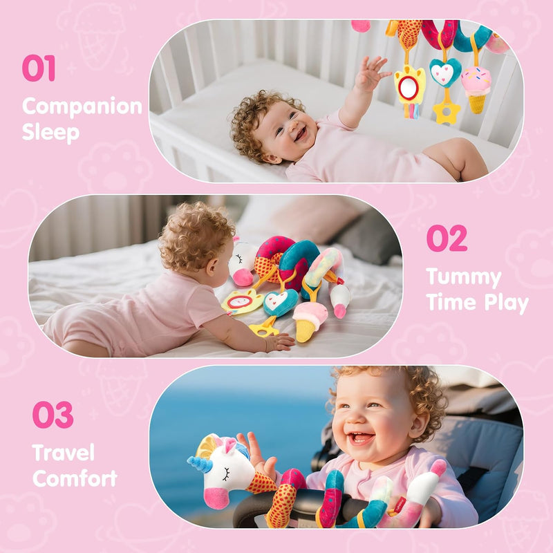 hahaland Car Seat Toys for Babies 0-6 Months Girl Stroller Toy Unicorn | Baby Toys 0-6 6-12 Months - Rattle, Mirror, Crinkle, Squeaky Carseat Toy Hanging Developmental Newborn Baby Birthday Gifts
