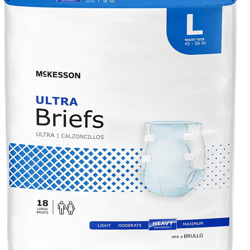 McKesson Ultra Briefs, Heavy Absorbency, Large, Unisex, 58 in, 72 ct | Disposable, Elastic Leg Gathers and Contoured Fit for Men and Women, Incontinence