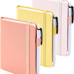 feela 3 Pack Pocket Small Notebook Journals, Mini Cute Hardcover College Ruled Notepad Women Office Supplies, with 3 Black Pens, 3.5”x 5.5”, A6, Pastel Colors, Light Blue, Light Purple, Light Green