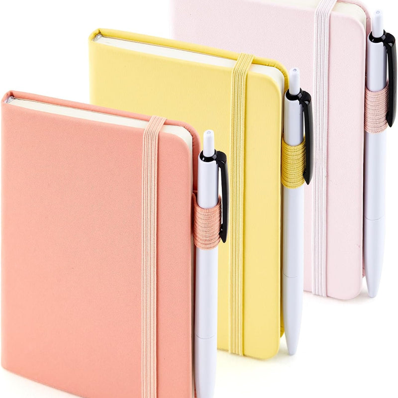 feela 3 Pack Pocket Small Notebook Journals, Mini Cute Hardcover College Ruled Notepad Women Office Supplies, with 3 Black Pens, 3.5”x 5.5”, A6, Pastel Colors, Light Blue, Light Purple, Light Green