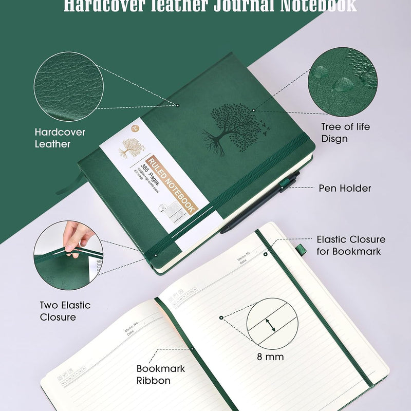 Lined Journal Notebook -365 Pages A5 Thick Journals for Writing Ruled Notebook, Hardcover Leather Journal for Women Men Daily Journal Notebook for Work, Note Taking, 100Gsm Lined Paper( 5.75'' X 8.38'' Green)