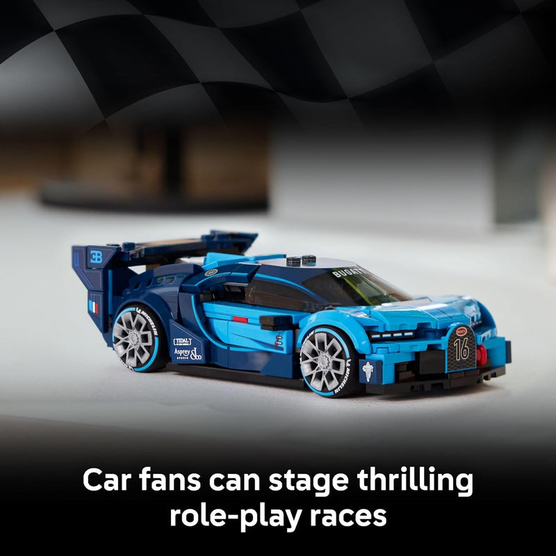 Build the iconic LEGO Speed Champions Bugatti Vision Gran Turismo Hyper Sports Car, a legendary ride for kids aged 9+, with a Bugatti driver minifigure.