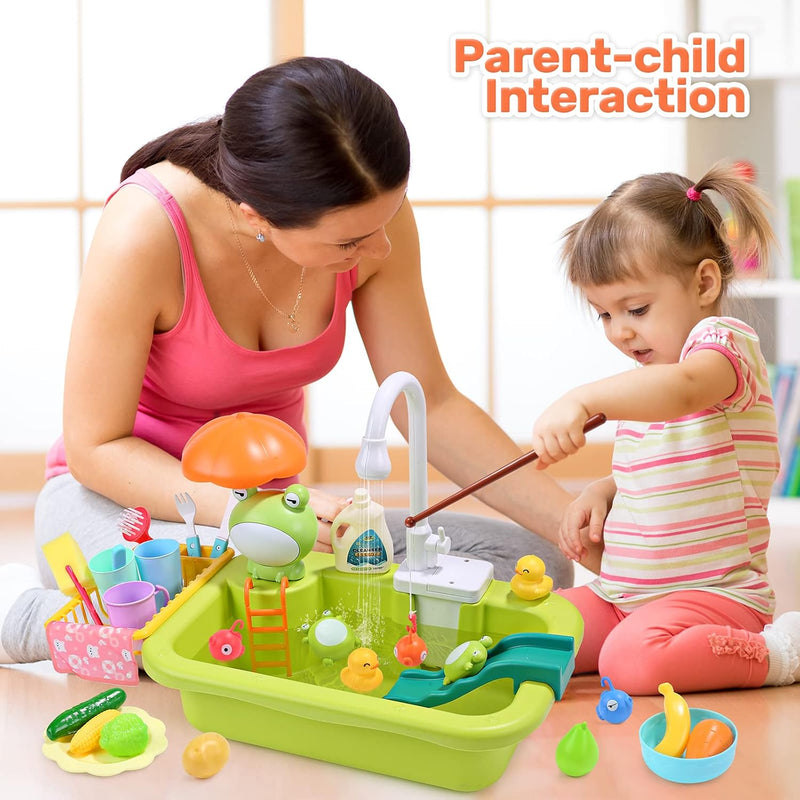 CUTE STONE Play Sink with Running Water, Kitchen Sink Toys with Upgraded Electric Faucet, Play Kitchen Toy Accessories, Pool Floating Fishing Toys for Water Play, Kids Role Play Dishwasher Toy