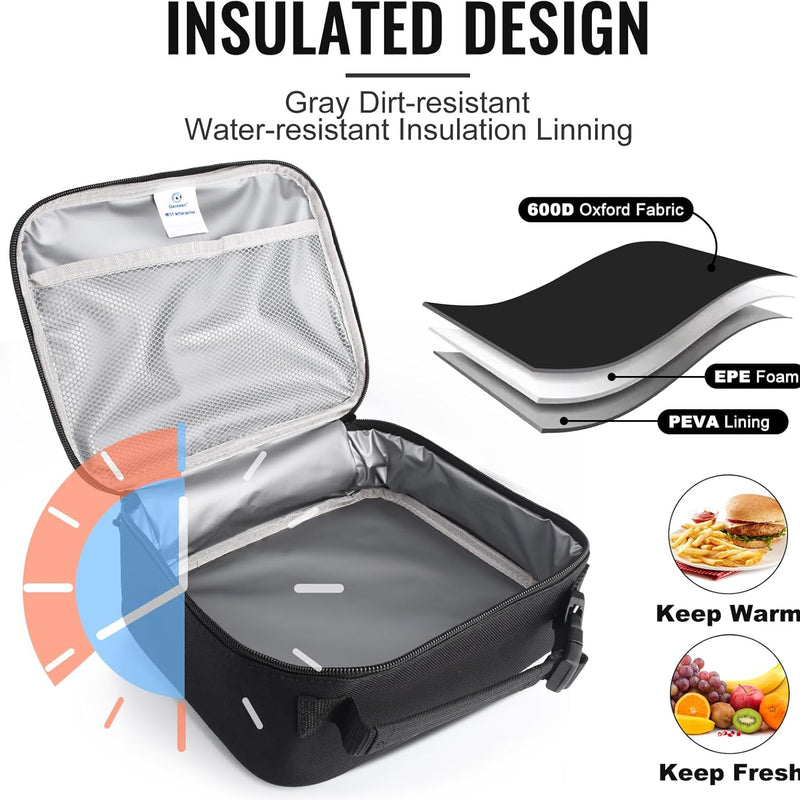 Genteen Lunch Box Kids, Insulated Lunch Bag Kids Boys Girls Back to School, Soft Lunch Box for Men Reusable Lunchbox for Office,Outdoor,School (Black)