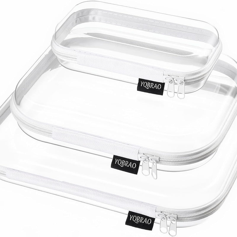 YQBRAO Clear Hard Shell Organizer Cases, 3-Pack, White | Rigid 1.2 mm clear PET organizers with multi-size design for travel, home storage, and everyday essentials.