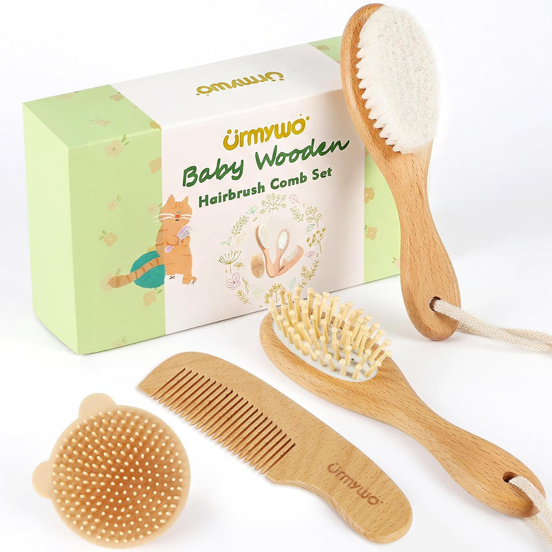 Baby Brush and Comb Set - 4 Piece Wooden Soft Bristle Hairbrush for Newborns, Baby Brush for Cradle Cap - Essentials Care Kit - Baby Shower Gift for Boys & Girls