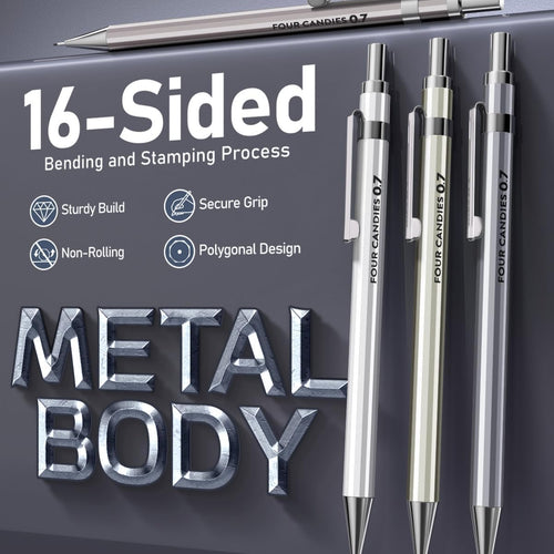 Four Candies 4PCS Metal Mechanical Pencil Set with 0.7mm Medium Point, 480 Leads, 12 Erasers, Fancy Mechanical Pencils Pack with Case for School Writing, Art Drawing & Drafting