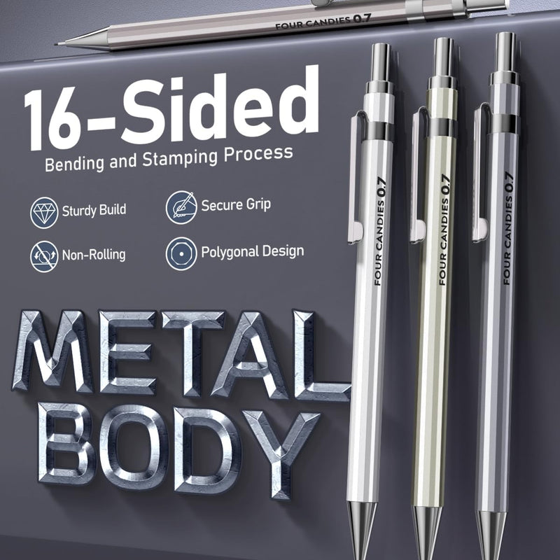 Four Candies 4PCS Metal Mechanical Pencil Set with 0.7mm Medium Point, 480 Leads, 12 Erasers, Fancy Mechanical Pencils Pack with Case for School Writing, Art Drawing & Drafting