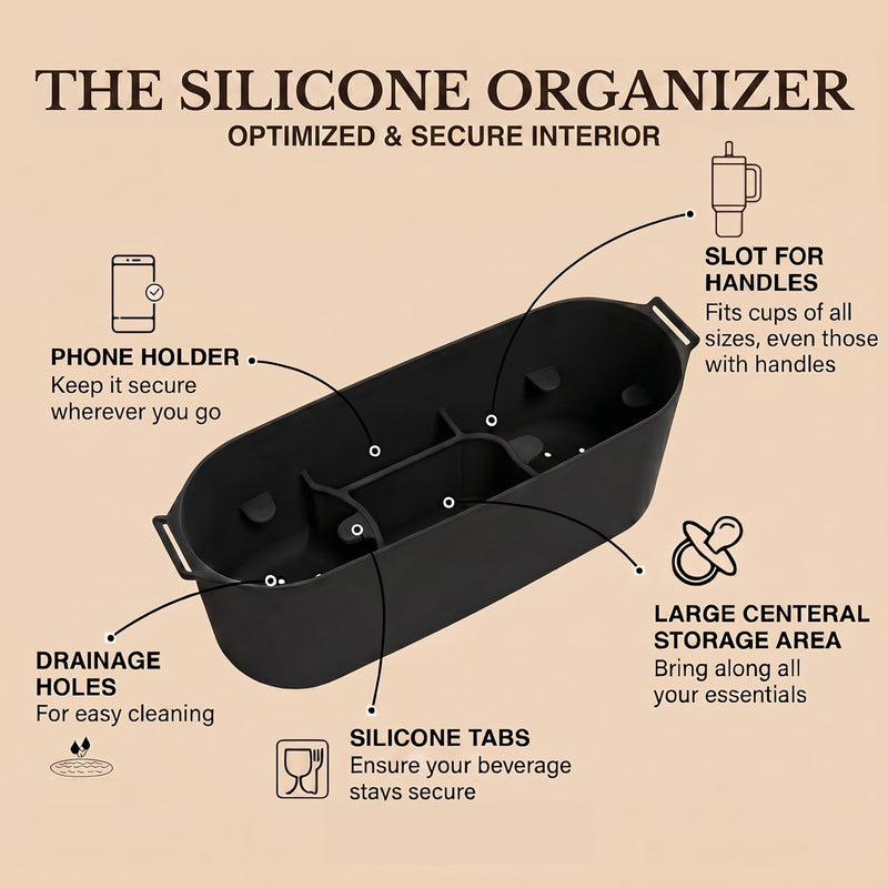 Silicone Stroller Organizer with Cup Holders, Waterproof & Easy-Clean, BPA-Free Caddy with Phone Pocket & Storage, Universal Anti-Slip Straps Fit UPPAbaby, Bugaboo, Nuna, Doona & Most Strollers