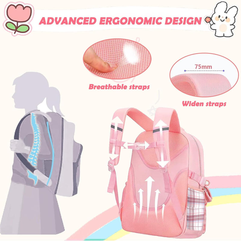 PRLINJSK Girls Backpack，Cute School Backpack for Girls Kids Teens，Kawaii Bookbag for Primary Elementary，Pink