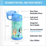 THERMOS FUNTAINER Water Bottle with Straw, 12oz, Bluey | Kids Stainless Steel Insulated Water Bottle, Keeps Drinks Cold Longer for School & Play, BPA-Free